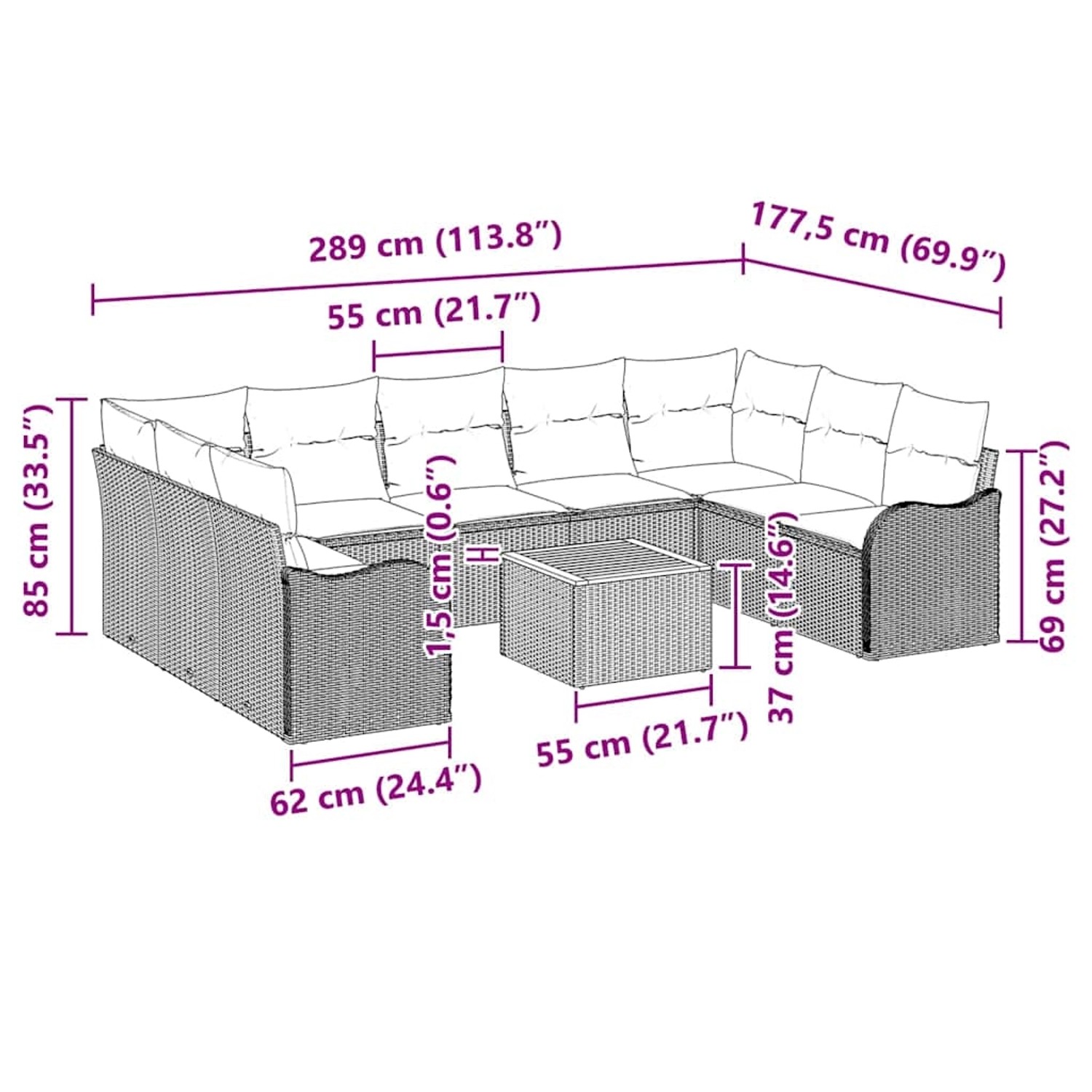 vidaXL Gartenmöbel-Set, 10-teilig, schwarz, Poly Rattan, mit Maßen für Planung.