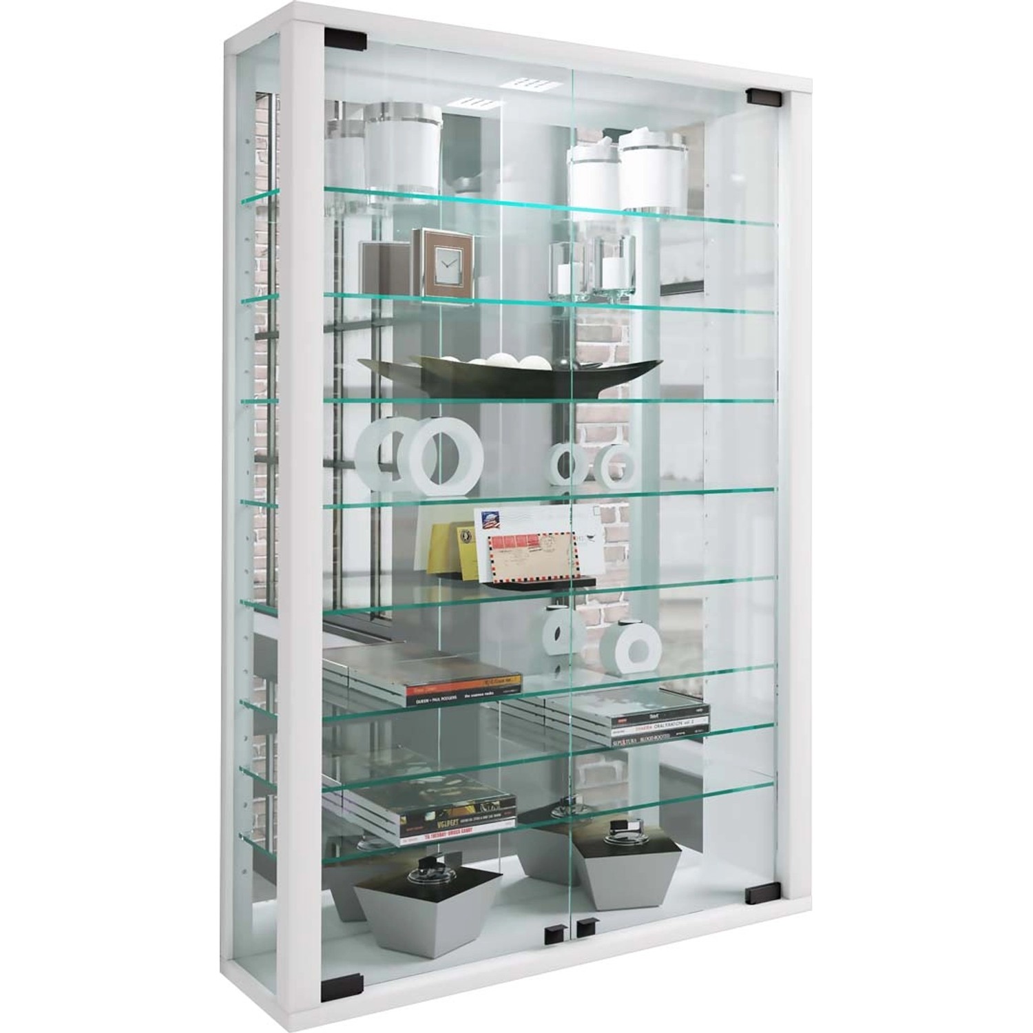 ebuy24 VitrosaMini Vitrinenschrank Wandhängend mit Spiegel 2 Glastüren Weiß günstig online kaufen
