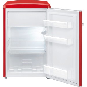 Offener, roter Severin Tischkühlschrank RKS 8830 im Retro-Design mit Glasablagen.