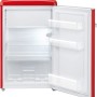 Offener, roter Severin Tischkühlschrank RKS 8830 im Retro-Design mit Glasablagen.