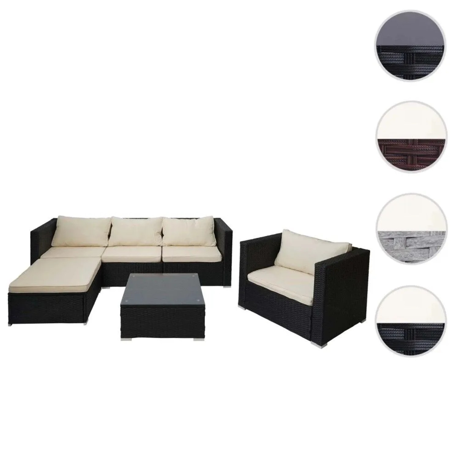 Schwarze MCW Poly-Rattan-Garnitur Busto mit L-Sofa, Sessel, Tisch und cremefarbenen Kissen für Garten.
