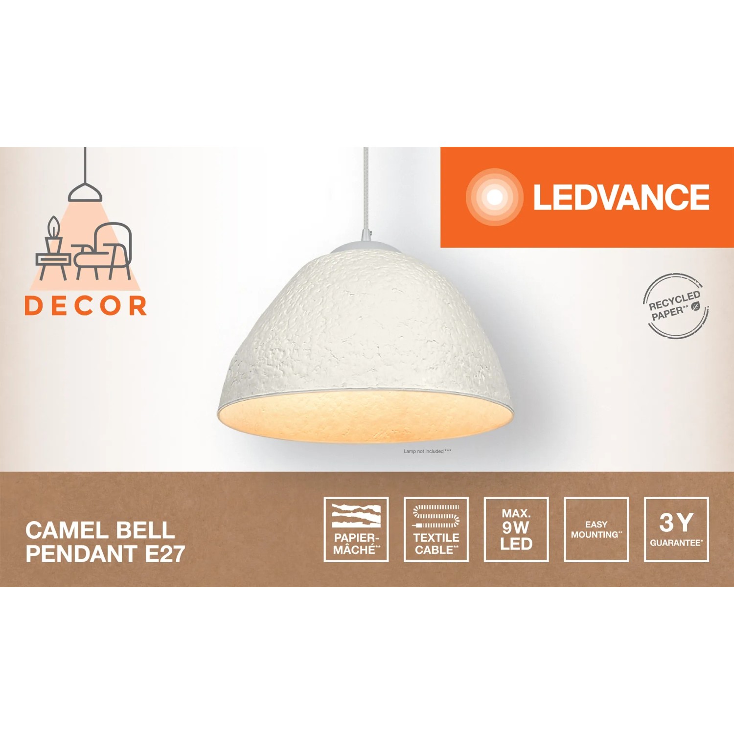 Weiße Ledvance Pendelleuchte Decor Camel Bell aus Pappmaché, Textilkabel, E27 Fassung.