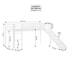 Weißes Homestyle4u Hochbett 90x200 mit Leiter und Rutsche. Technische Zeichnung mit detaillierten Maßen.