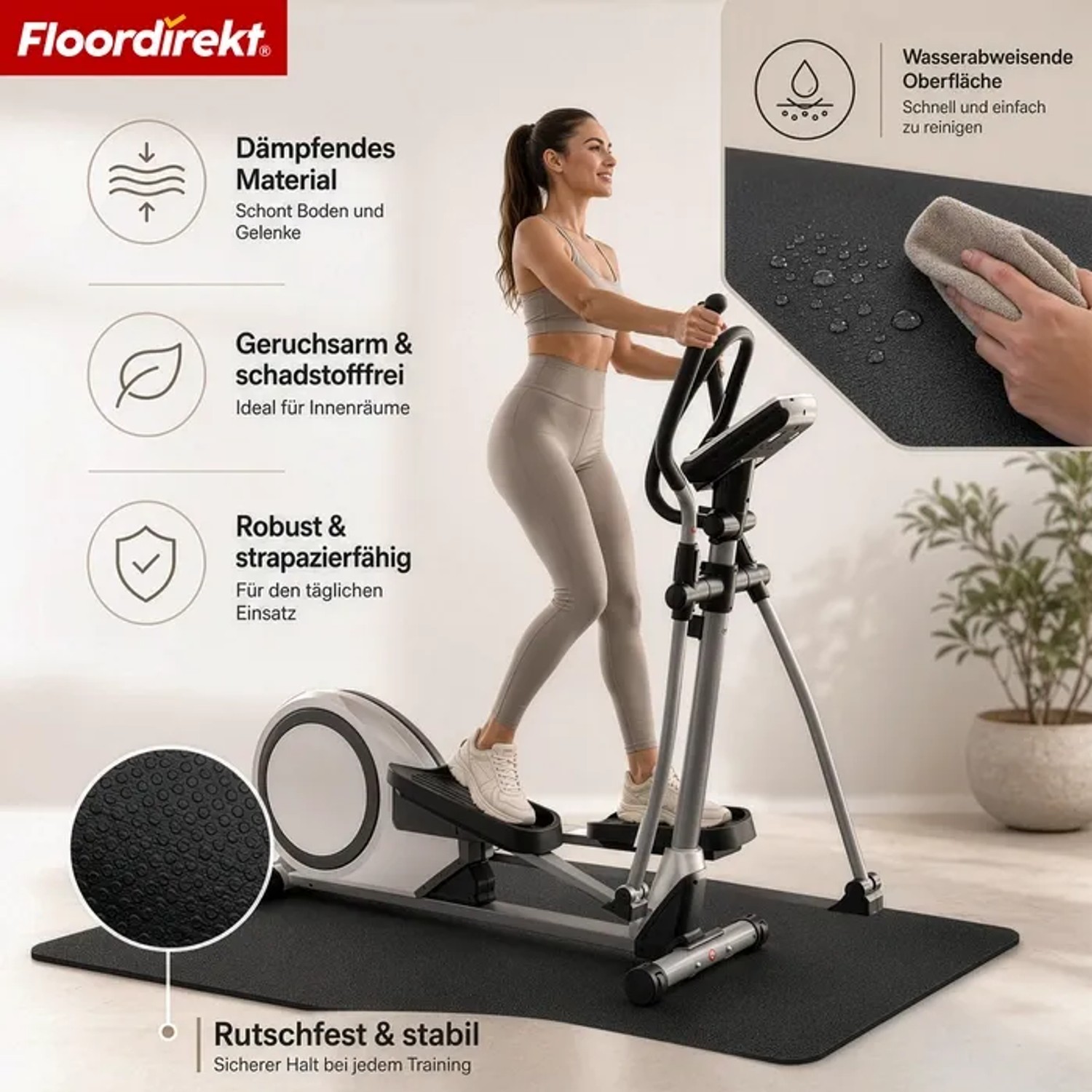 Floordirekt Bodenschutzmatte Sparta unter Fitnessgerät, 200x90 cm, schützt den Boden.