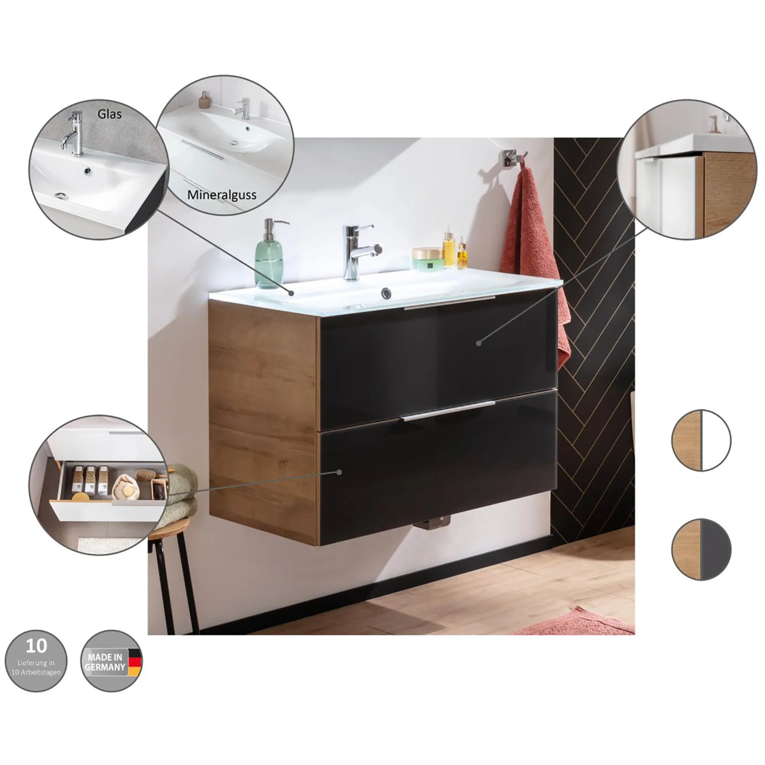 Fackelmann Waschplatz-Set B.Brillant, 100 cm, Asteiche/Anthrazit mit Glaswaschbecken.