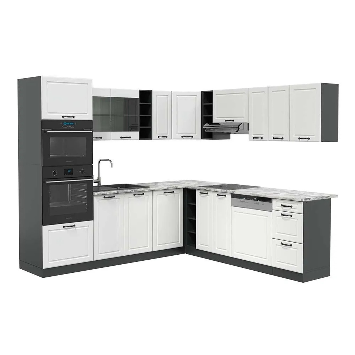 Vicco Eckküche R-Line Weiß Landhaus/Anthrazit 247 x 82, AP Marmor