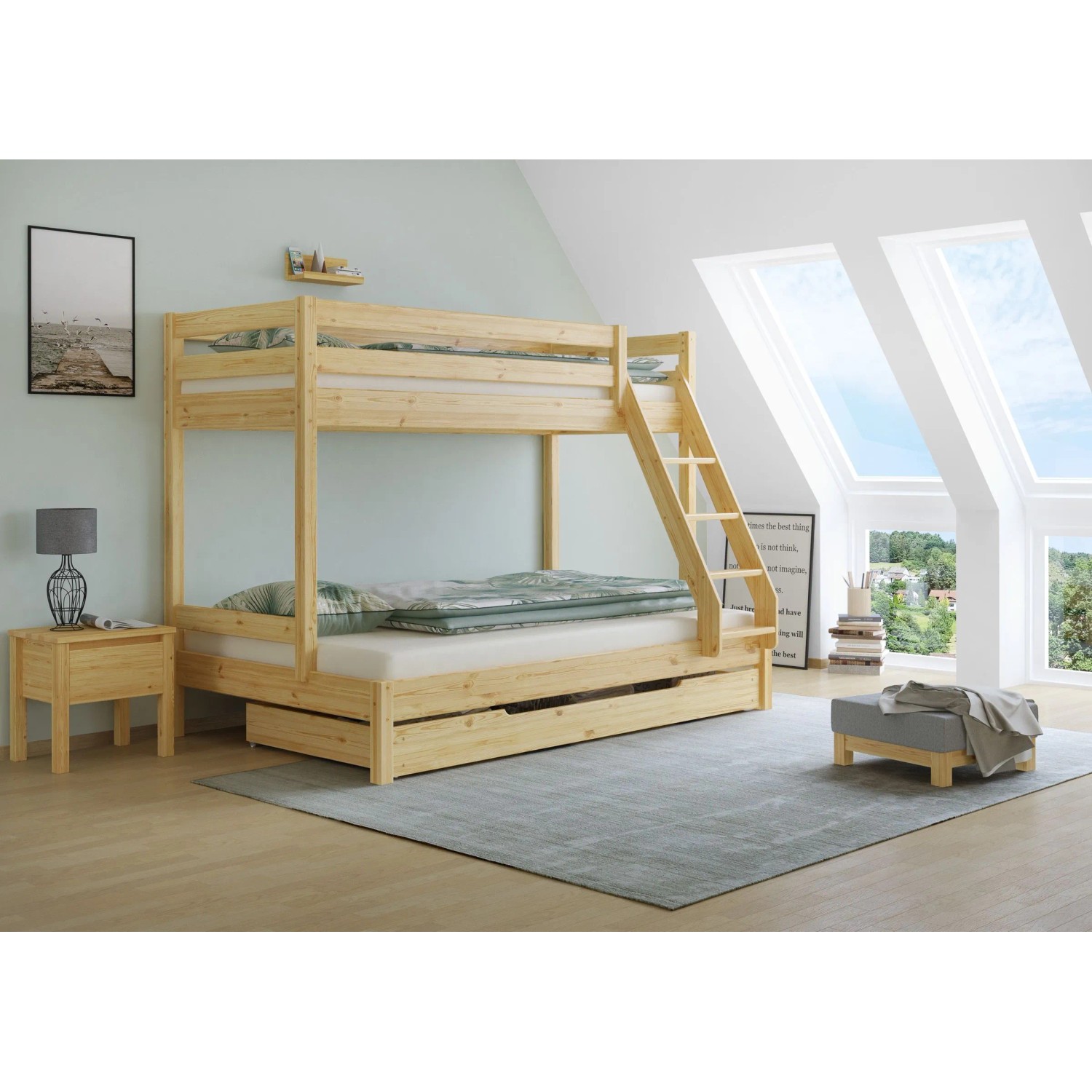 Erst-Holz Doppel Etagenbett 80 x 200 cm und 120 x 200 cm für Erwachsene Kiefer Modell 18 Rollrost und Bettkasten inkl.