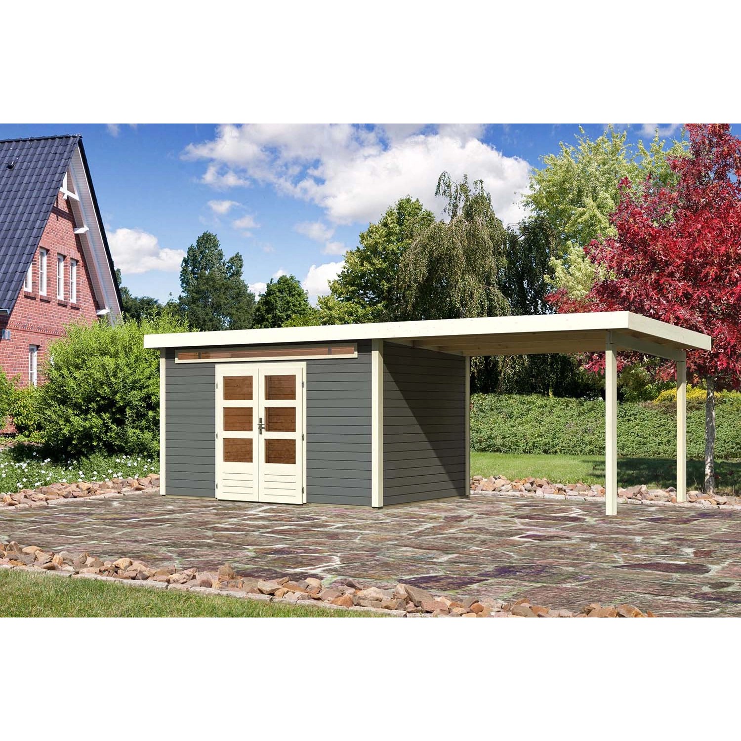 Karibu Holz-Gartenhaus Kumla 7 Terragrau Pultdach Lackiert 360 cm x 240 cm günstig online kaufen