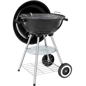 Schwarzer Tectake Kugelgrill mit Rädern, regulierbarer Luftzufuhr und Ablage.