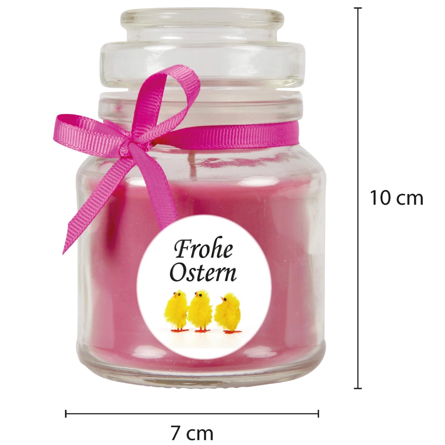 Duftkerze im Glas mit Küken-Motiv und Schleife, "Frohe Ostern", Lavendelduft, Ø7cm.