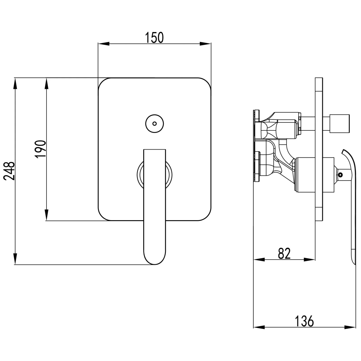 Technische Zeichnung: PaulGurkes Unterputz Einhandmischer für Regendusche, Maße und Details.