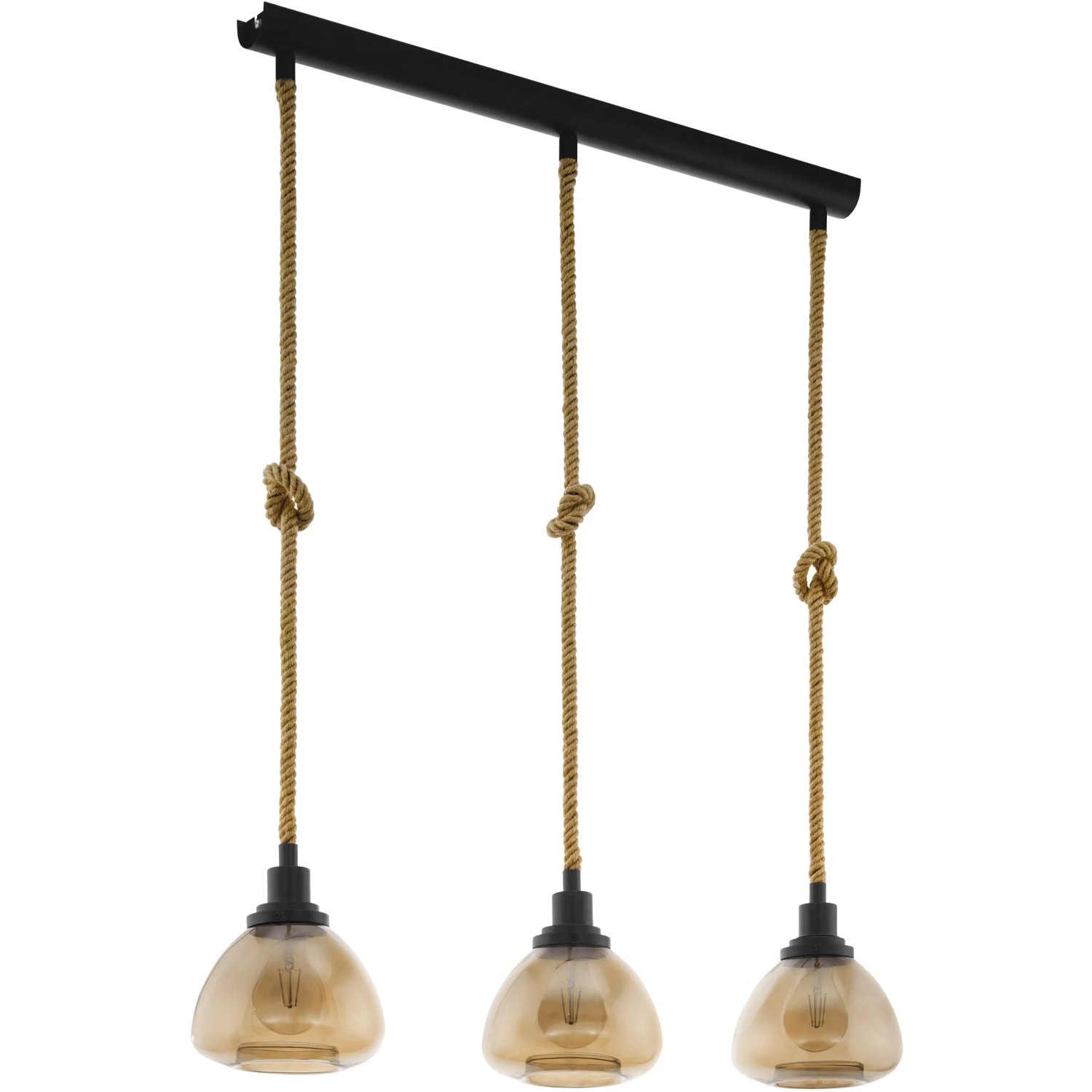 Schwarze Eglo Hängeleuchte Rampside mit drei Lampen und Seilaufhängung.