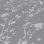 Schimmernde, graue Vliestapete mit floralem Muster in Silber. Dekorative Tapete für Wohnräume.