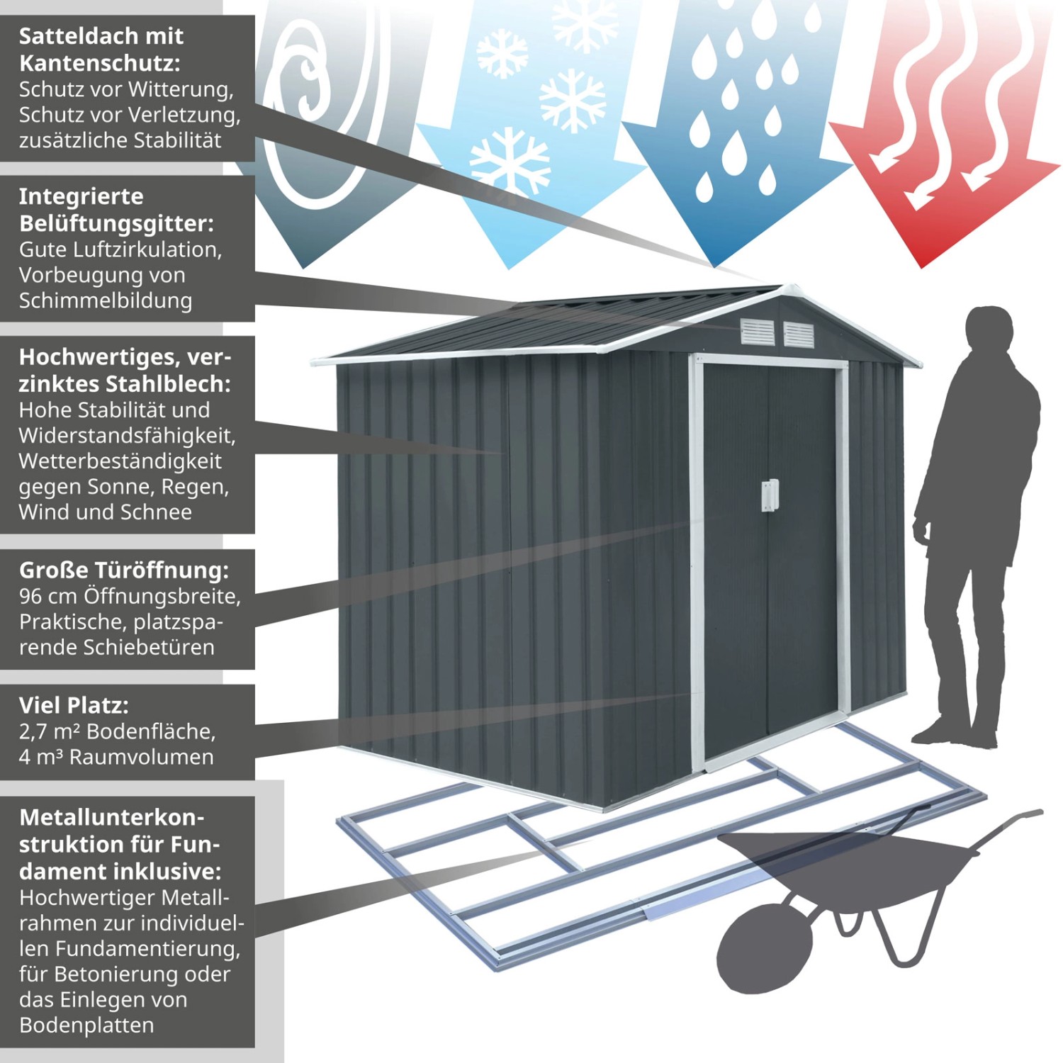 Hattoro S100 Gerätehaus XL aus Metall in Grau: Geräteschuppen für den Garten zur Aufbewahrung von Gartengeräten.