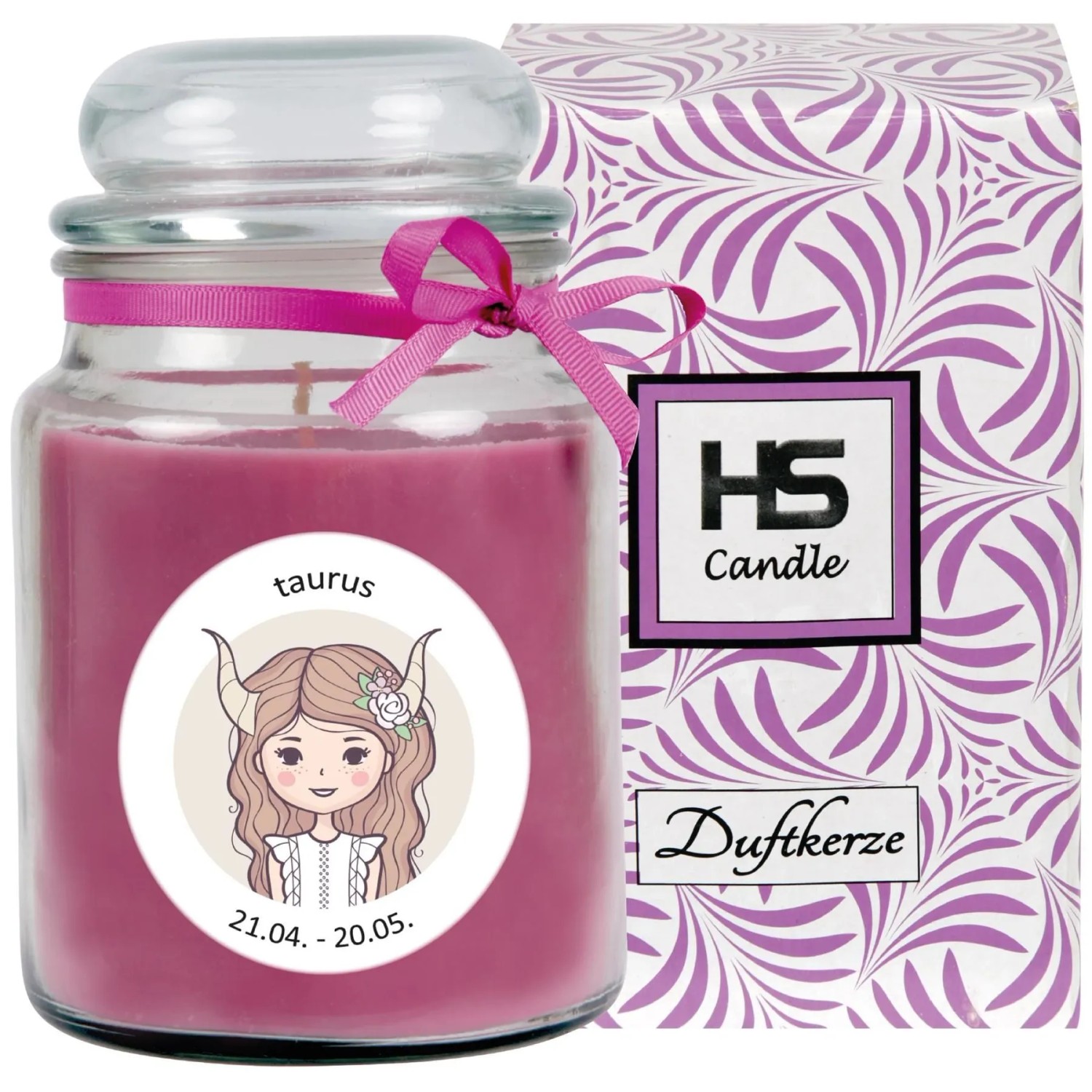 HS Candle Duftkerze Stier im Glas mit Lavendelduft und Geschenkverpackung.