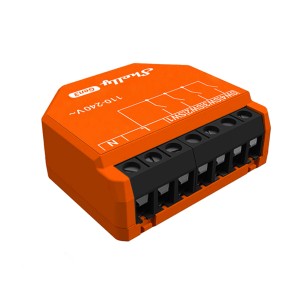 Shelly i4 Gen3 Relaismodul in Orange für die Hausautomation, Detailansicht.