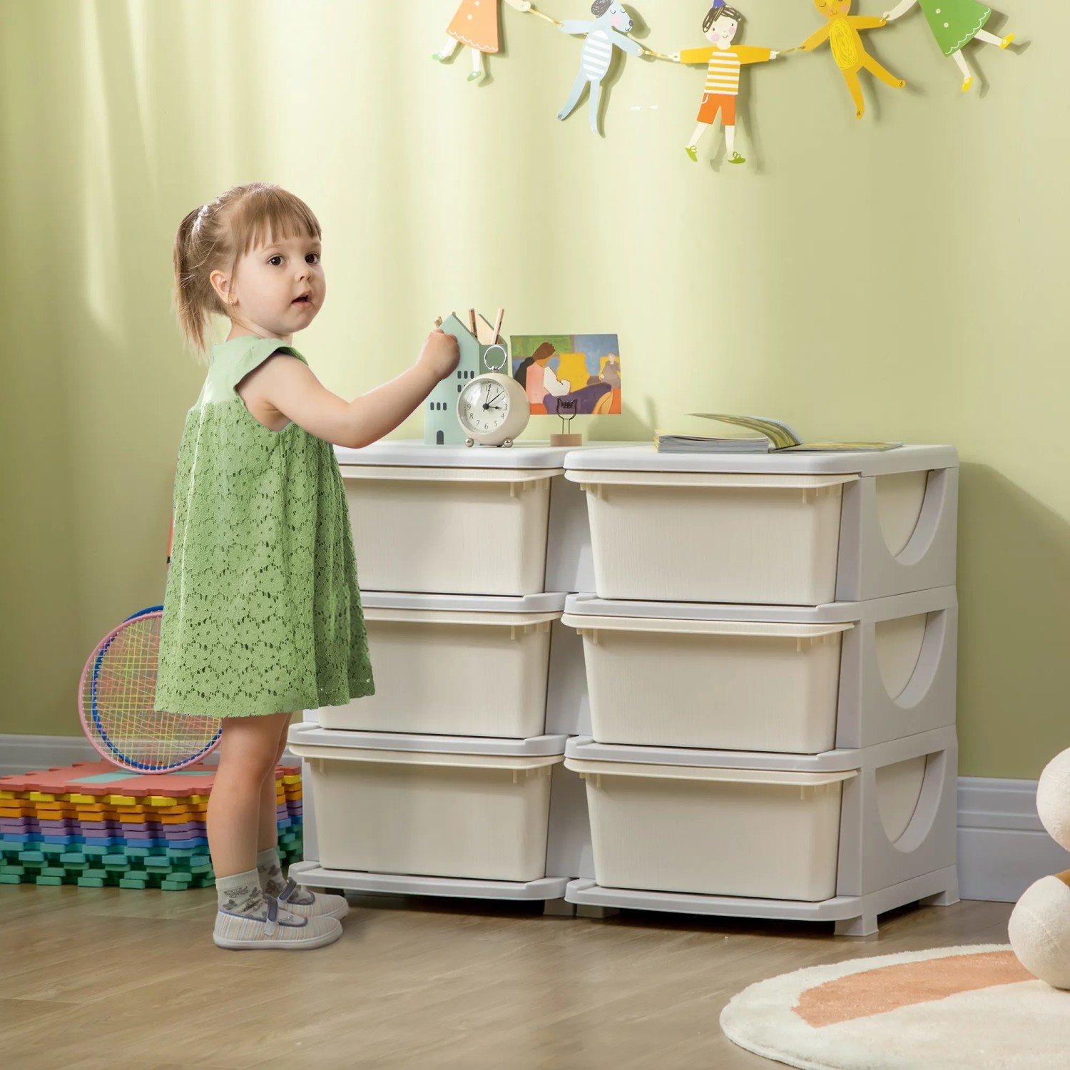 HOMCOM Schubladenschrank für Kinder mit 6 Boxen zur Aufbewahrung von Spielzeug im Kinderzimmer.