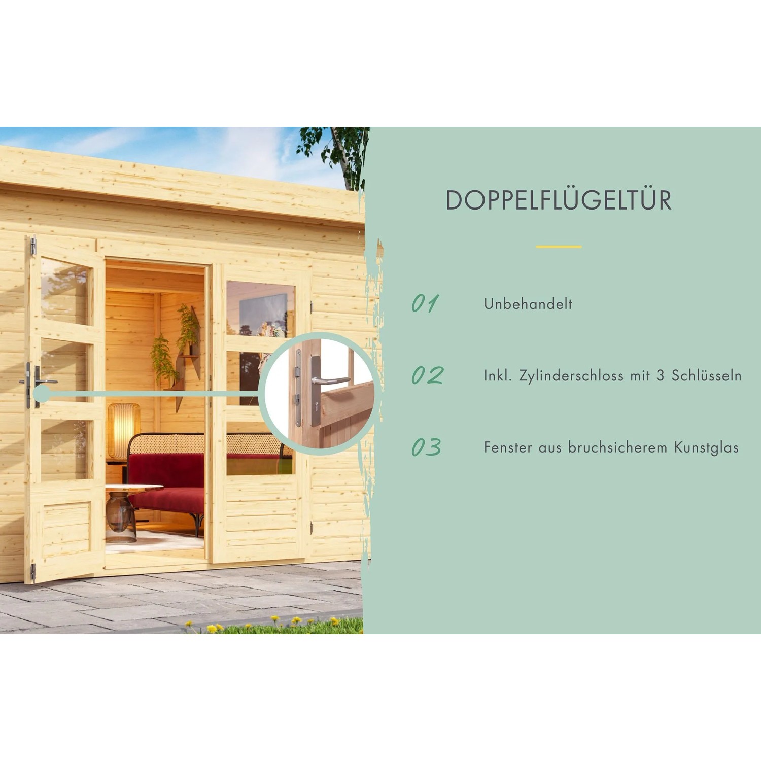 Karibu Doppelflügeltür aus Fichte mit Lichtausschnitten und Zylinderschloss für Gartenhaus.