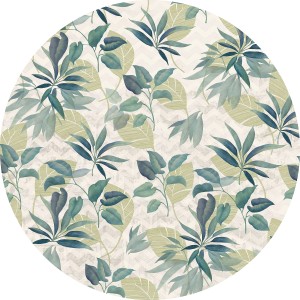 Runde, selbstklebende Vlies Fototapete Leni (Ø 125 cm) mit grün-bläulichem Blätter-Motiv.