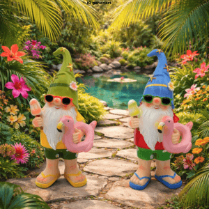 Dekohelden24 XL 2er Set Gartenzwerge Schwimmbadlook Gartenzwerg Dekozwerge aus Keramik Größe L/B/H ca 12 x 10 x 26 cm