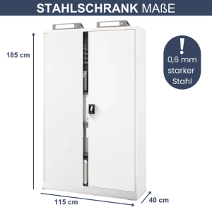 Weißer, abschließbarer JAN NOWAK Aktenschrank aus Stahl mit Flügeltüren, 185x115x40 cm, für Büro.