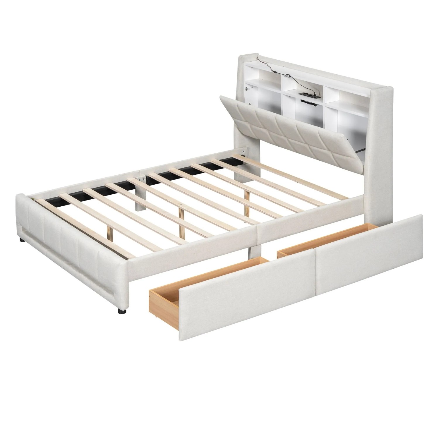 okwish Polsterbett 140x200cm mit LED Licht Schubladen USB Beige ohne Matratze