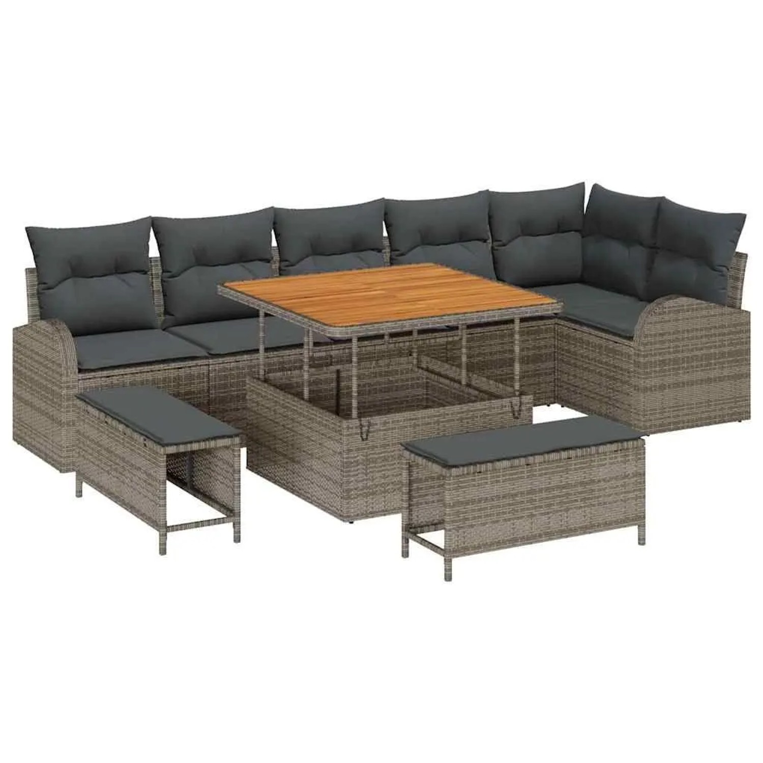 vidaXL Garten-Sofa-Set mit Kissen mit Speicher 9-Tlg Grau 3364358