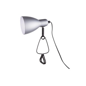 Silberne Näve Klemmleuchte Mara, 28 cm hoch, mit schwarzer Klemme und Kabel.