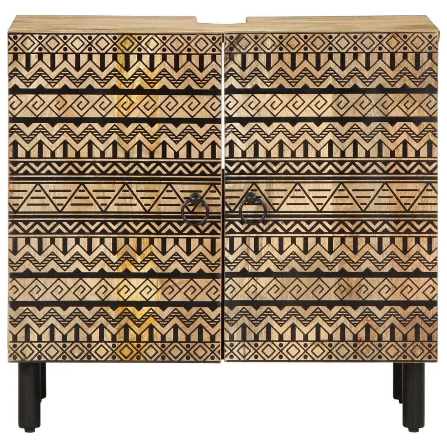 Schwarzer Waschbeckenunterschrank aus Mangoholz mit Muster, 62x33x58 cm.