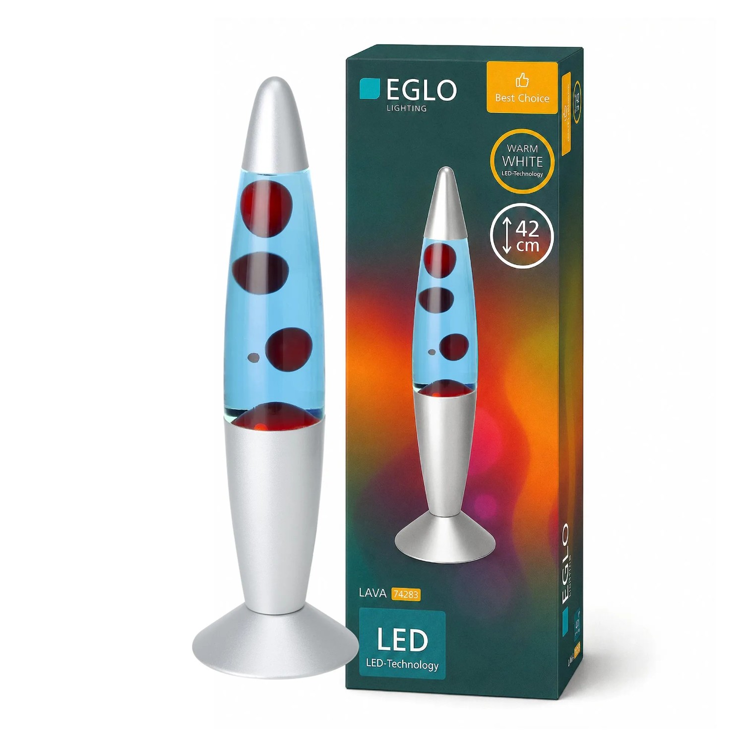 Eglo LED-Lavatischleuchte in Silber mit blauem Wasser und rotem Wachs für warmweißen Lava-Effekt.