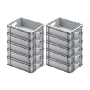 Graue PROREGAL Eurobehälter (11 Liter) mit offenem Griff, gestapelt. Ideal als Transportbox oder Aufbewahrungsbox.