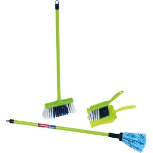 Vileda Wischmoppset Grün, bestehend aus Besen, Wischmopp, Kehrblech und Handfeger für Kinder.