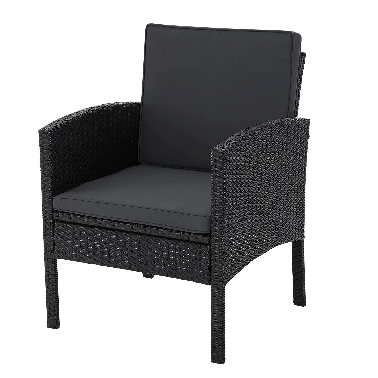 Schwarzer Polyrattan Gartenstuhl Turin mit grauen Kissen, Teil der Juskys Gartenmöbel Sitzgruppe.