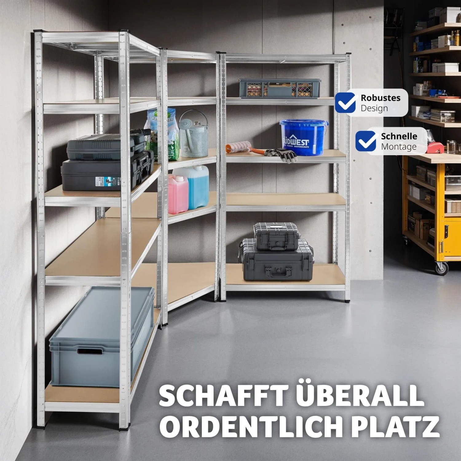 Tectake Schwerlastregalsystem Gustav 3 Teilig  2 In 1 Verwendung Als Werkbänke Verzinktes Stahlgestell  165 x 165 x 180 cm Silber_7