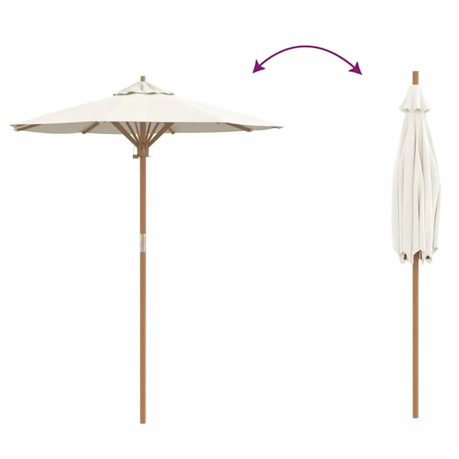 Cremeweißer Gartenparasol aus Bambus, offen und geschlossen. Marktschirm für Garten & Terrasse.