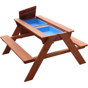 Sunny Dave Picknicktisch: Sand- und Wassertisch mit blauen Behältern aus Holz für Kinder.