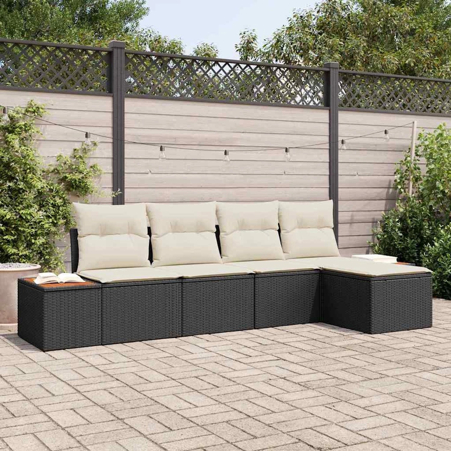 Schwarzes 5-tlg. Garten-Sofa-Set aus Poly Rattan mit Kissen von vidaXL. Modulares Lounge-Set für Garten, Terrasse oder Balkon.