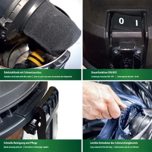 Details des Heissner Multi-Teichschlammsaugers: Filter, Schalter, Reinigung, Schmutzfangbeutel.