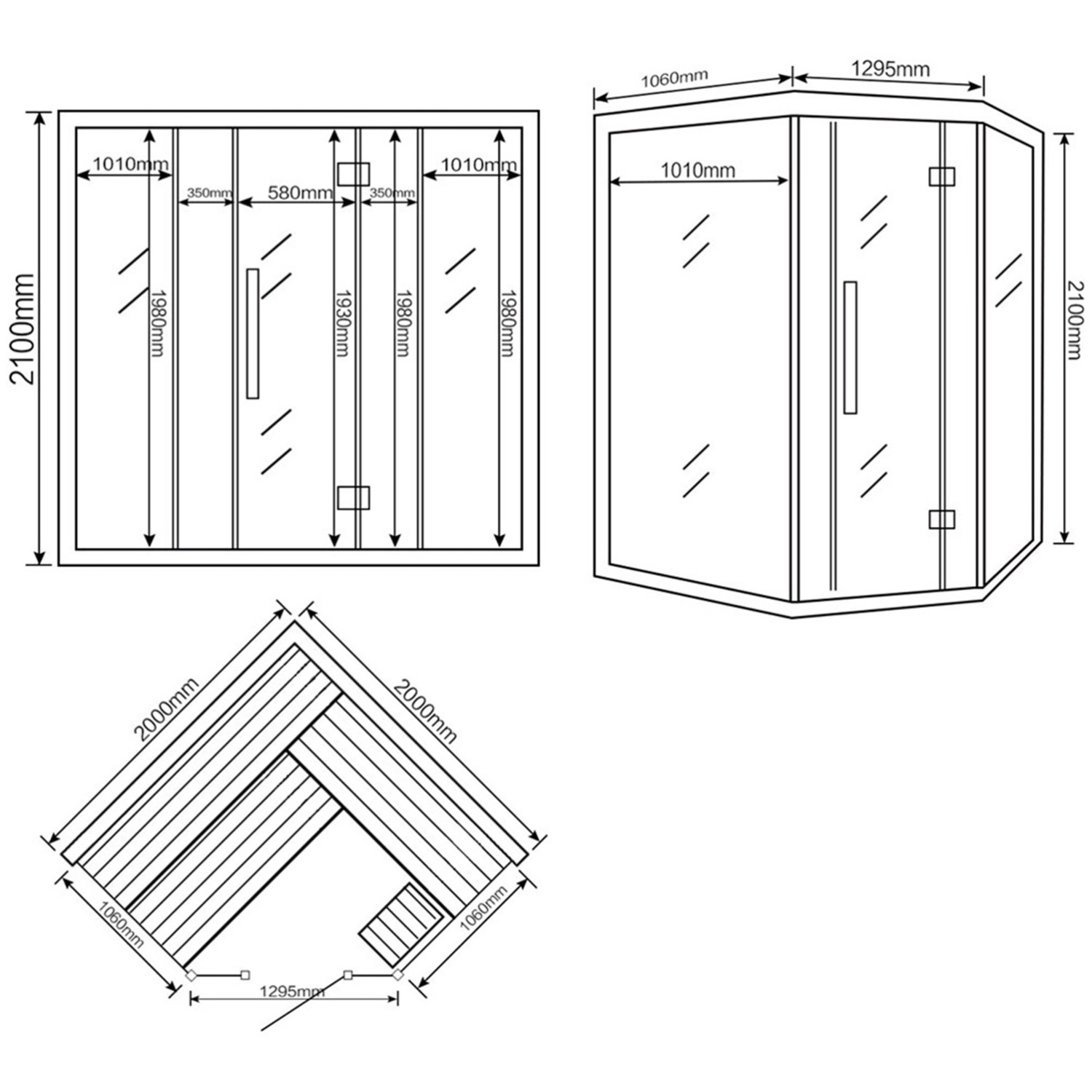 Skizze der traditionellen Sauna SKYLINE BIG aus Tannenholz mit Maßen.
