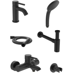 Ideal Standard Armaturen-Bundle Ceraline Silk Black: Waschtisch-, Badezimmerarmatur, Handbrause-Set und Siphon.