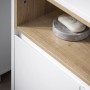 Detailaufnahme: Weißer SoBuy Waschbeckenunterschrank mit offenem Fach und Ablage.
