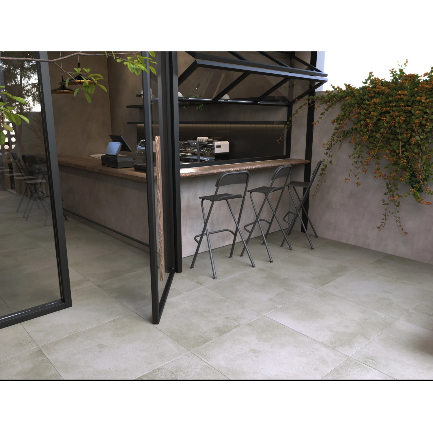 Terrassenplatten Feinsteinzeug Vero 2.0 in Zementoptik Grau, 80x80 cm, verlegt im Außenbereich.