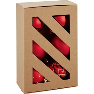 Verpackung mit roten Weihnachtskugeln in verschiedenen Formen und Designs.