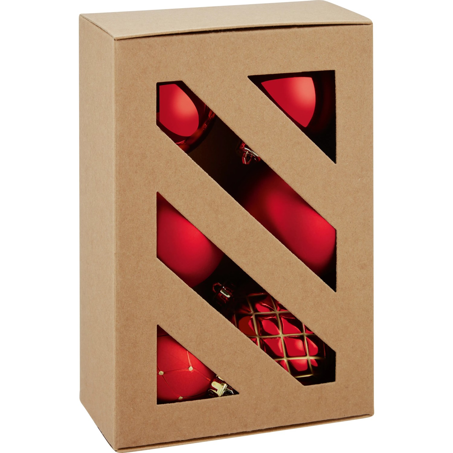 Verpackung mit roten Weihnachtskugeln in verschiedenen Formen und Designs.