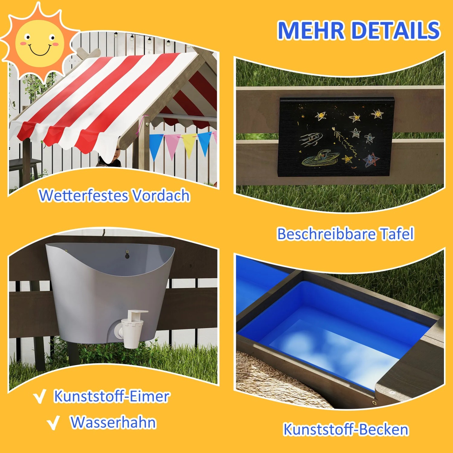 Details des Outsunny Sandkasten mit Dach: Wetterfestes Vordach, Tafel, Eimer mit Wasserhahn und Becken.