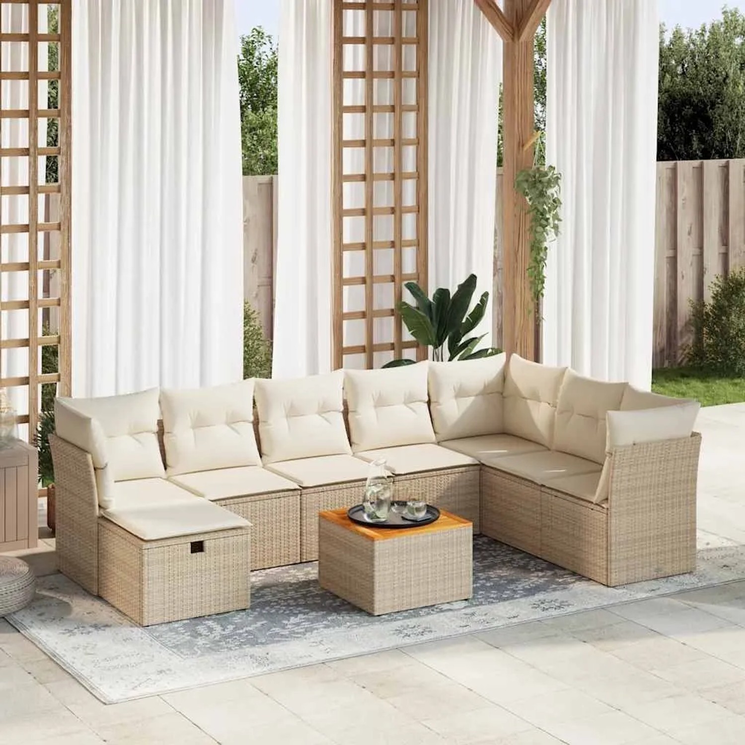 Beige 9-tlg. vidaXL Garten-Sofagarnitur aus Polyrattan mit Kissen und Tisch.