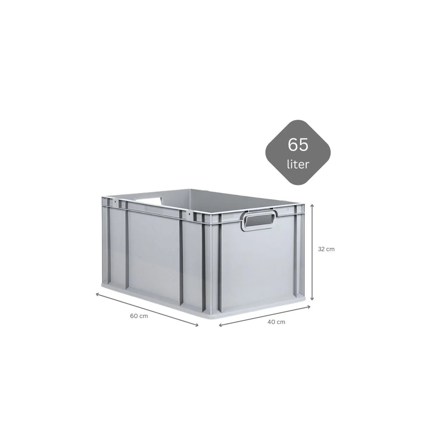 Graue PROREGAL Eurobox 65 Liter mit Scharnierdeckel und roten Verschlüssen, 32x40x60 cm.