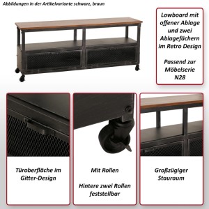 MCW Lowboard N28 Industrial Retro Metall Holz 55x130x36cm Schwarz Braun
