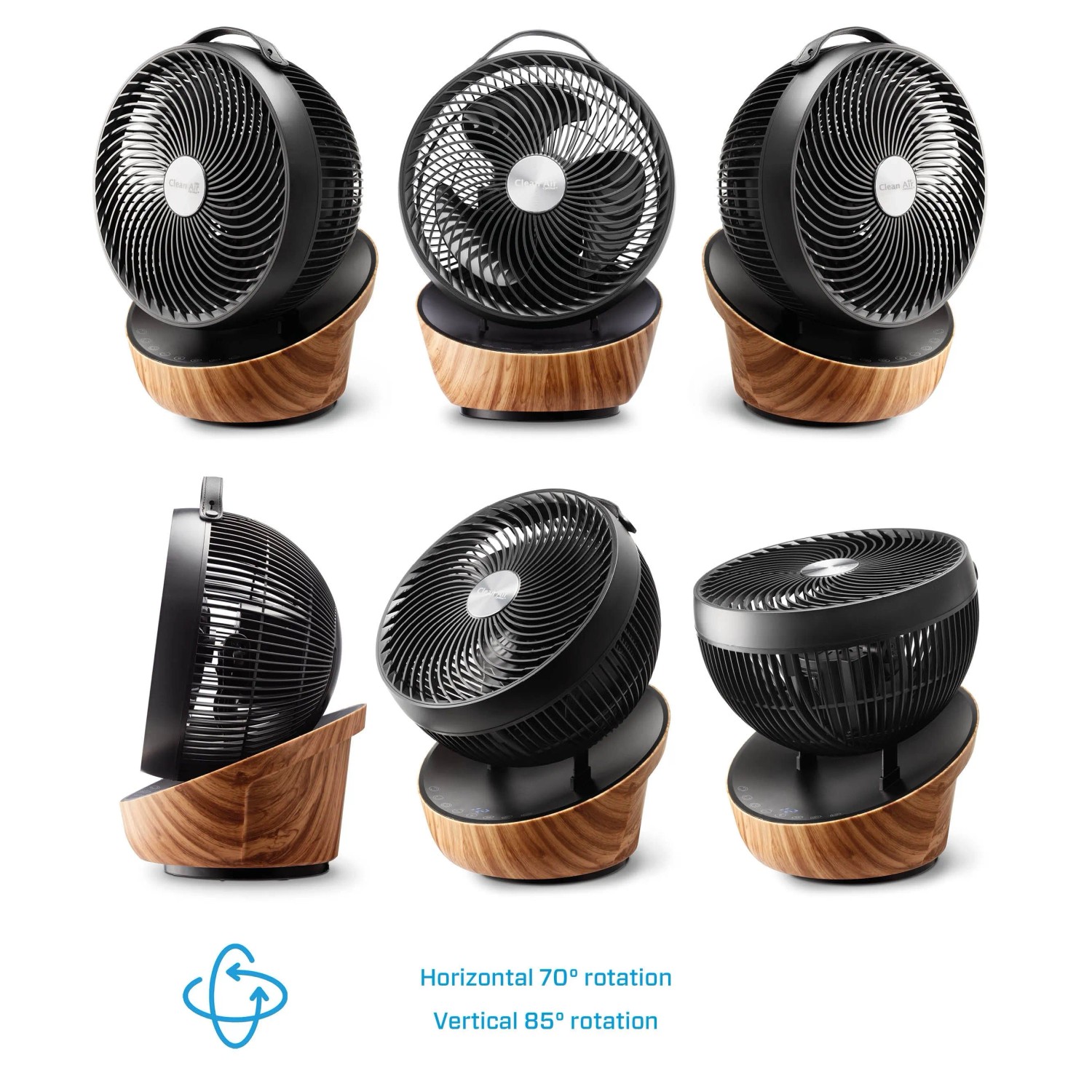 Clean Air Optima Ventilator CA-403 Smart mit Holzdesign, verschiedene Ansichten.