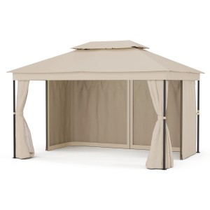 Beiger Blumfeldt Mondo Dual Pavillon 3x4 m mit Doppeldach und Moskitonetzen.